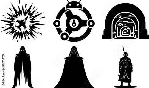 Collection of futuristic scifi icons and silhouettes with robotic themes isolated