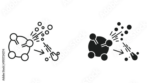Chemical reaction icon, molecule reaction, molecular process, particle dispersal, science and chemistry concept, line and solid style
