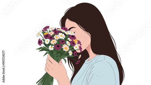 Illustration of a young woman with long dark hair closing her eyes and smelling a large colorful bouquet of spring flowers she is holding.