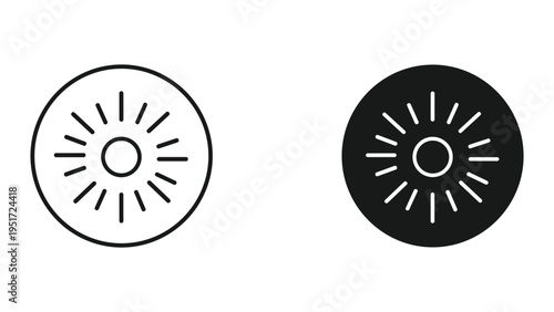 Sun Icon Set: Outline and Filled Circle with Rays, Simple Vector Graphics