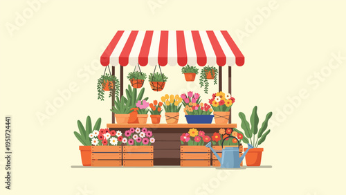 Charming flower shop stall with a red and white striped awning displaying various potted plants and colorful flowers in wooden crates.