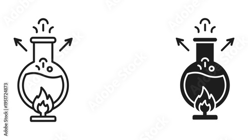 Chemical Reaction Flask Icon, Boiling Liquid, Heat and Gas Symbols, Chemistry Lab Equipment Symbols