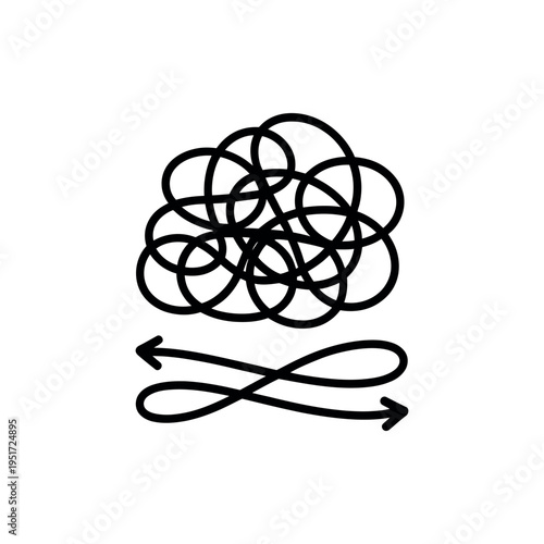 A simple black and white illustration of tangled and untangled threads