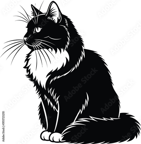 A black and white illustration of a domestic cat