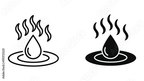 Hot Water Drop Icons: Outline and Solid Fill for Temperature and Energy Concepts