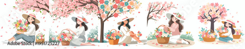 vector woman sitting with a basket of flowers in spring