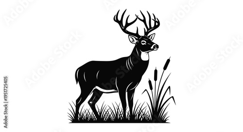 A black silhouette of a deer with antlers standing in a field