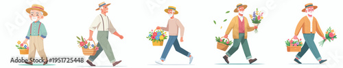 vector of grandfather walking carrying a basket of flowers in spring