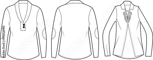 Women long sleeve blouse technical fashion drawing set, elegant button detail shirt template front and back – cad drawing flat vector illustration