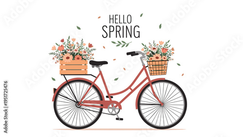 Vintage red bicycle with baskets overflowing with colorful flowers and falling leaves under the cheerful greeting hello spring.