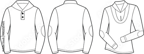 Women long sleeve blouse technical fashion drawing, elegant collar top template front back and perspective – cad drawing flat vector illustration