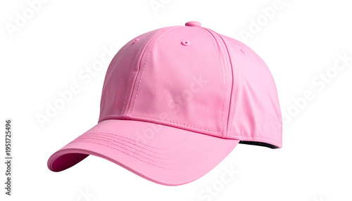 A vibrant, pink baseball cap floats against a black backdrop, showcasing its form