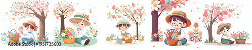 vector little boy sitting with a basket of flowers in spring