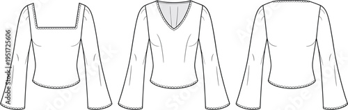 Women long sleeve blouse technical fashion flat square neck and V neck front back vector illustration