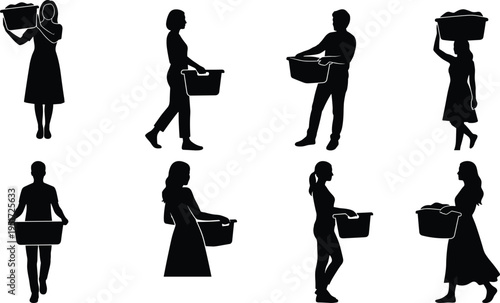 Laundry day silhouette vector set featuring men and women carrying baskets of clothes, domestic chores, and housework icons for cleaning services.