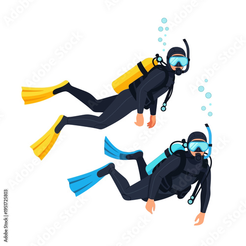 Two divers exploring underwater, scuba diving, adventure, ocean exploration, marine life