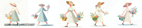 vector of grandmother walking carrying a basket of flowers in spring