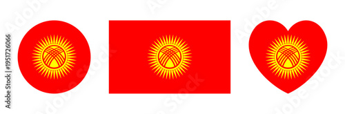 Flag of Kyrgyz round, rectangular, heart shaped badge, button. Set of National circle, heart, rectangle Flag of Kyrgyz stickers. Kyrgyzstan republic flag icons templates. Kyrgyzstan flag symbol.