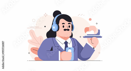 Person in suit wearing headphones, holding phone and tray with food