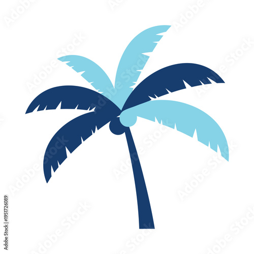 Stylized palm tree with dark blue and light leaves, tropical icon representing summer, vacation, and exotic destinations