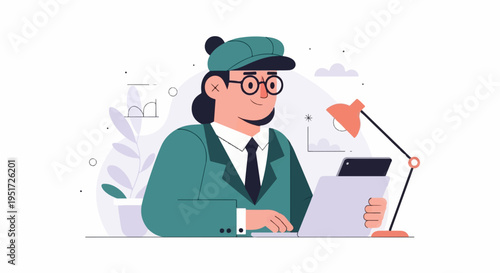 Person in suit and cap working at desk with laptop, lamp and plant