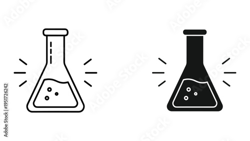 Two Flask Icons: Line Art and Solid Black, Showing Liquid with Bubbles and Rays