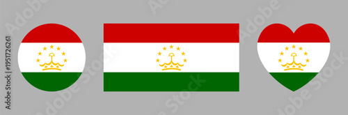 Republic of Tajikistan flag sticker. Tajikistan flag heart shaped, circular, rectangle icon templates. Round, rectangular, heart flag of Tajikistan button. Tajikistan country flag circle badge.