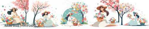 vector woman sitting with a basket of flowers in spring