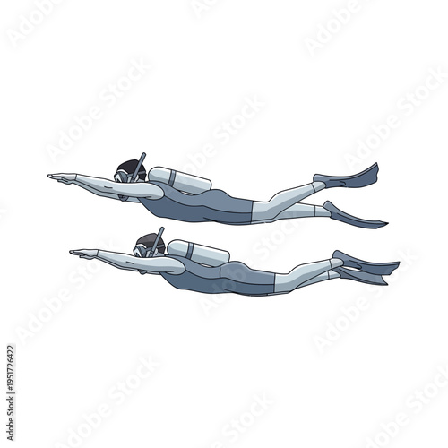 Two divers swimming underwater with scuba gear, side view