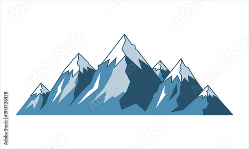Snow-capped mountain range, majestic peaks with blue and white tones, representing nature, travel, adventure, and winter sports