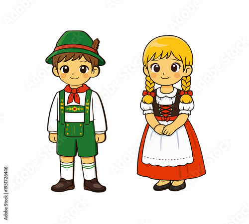 Cute German kids in national costume with dirndl and lederhosen cartoon boy and girl characters.