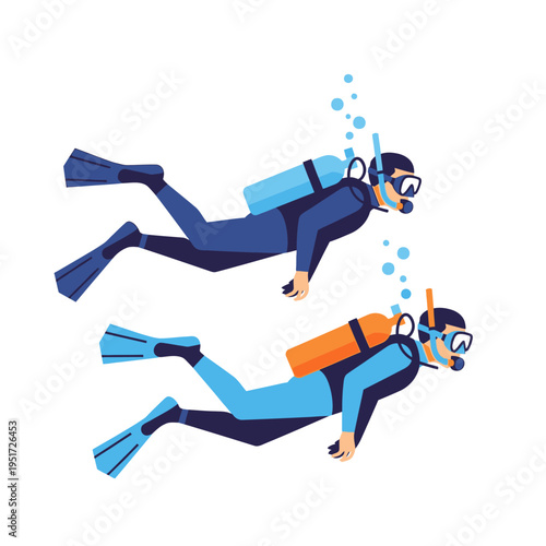 Two divers underwater, exploring the ocean depths with scuba gear and oxygen tanks.