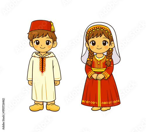 Cute Moroccan kids in national costume with robe and dress cartoon boy and girl characters.