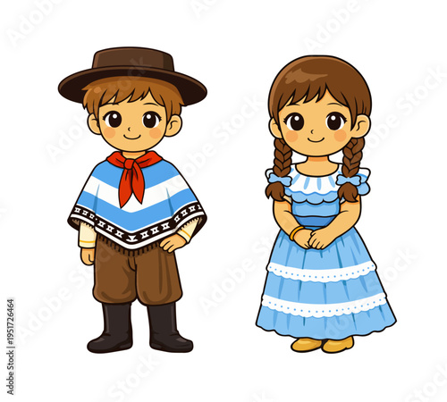 Cute Argentinian kids in national costume with dress and poncho cartoon boy and girl characters.