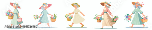 vector of grandmother walking carrying a basket of flowers in spring