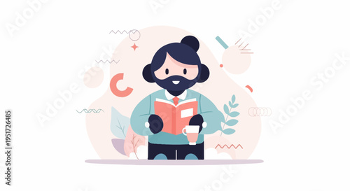 Person in casual attire reads a book with a warm drink nearby