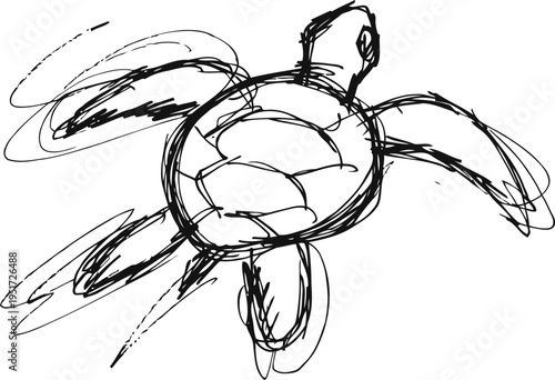 Sketch of a swimming sea turtle with flippers in motion, simple black ink line drawing