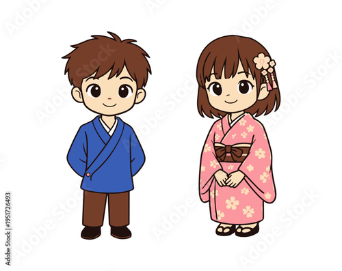 Cute Japanese kids in kimono traditional costume cartoon boy and girl in cute style illustration.