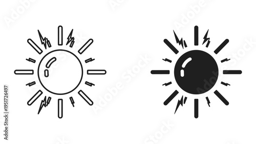 Sun Icons: Outline and Silhouette with Rays and Lightning Bolts, Representing Energy and Power