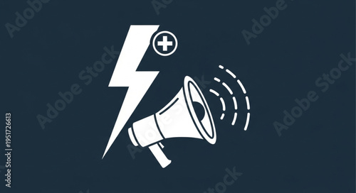Megaphone and lightning bolt symbol for amplified announcement.