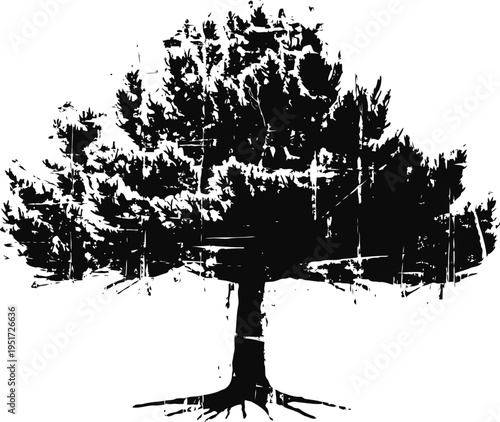 Black and white silhouette of a pine tree with visible roots and textured foliage