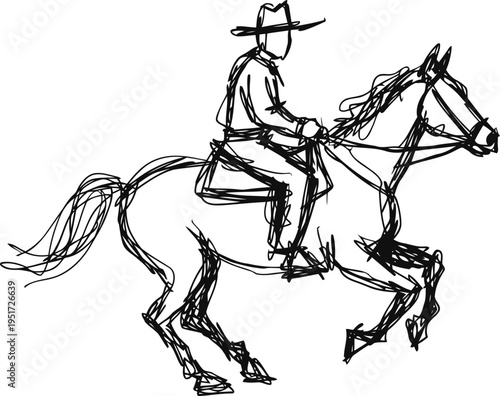 Cowboy riding horse sketch hand drawn western equestrian figure illustration