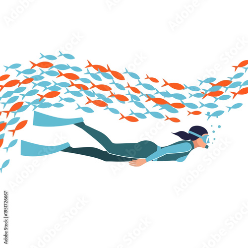 Woman scuba diving with a large school of fish, underwater adventure, ocean life