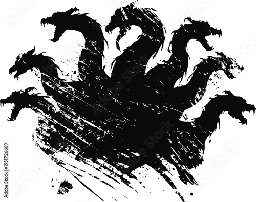 Five headed dragon silhouette with grunge brush stroke texture design for fantasy and mythical themes