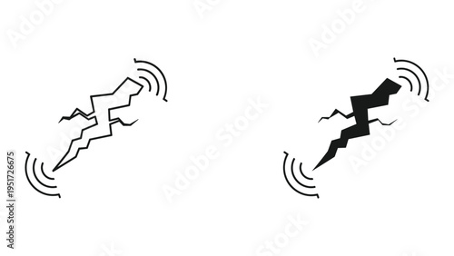 Crack with Signal Waves Icon Set, Seismic Activity and Signal Transmission Symbols