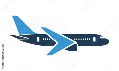 Modern passenger airplane with blue accents, jet airliner icon representing travel, transportation, and global journeys