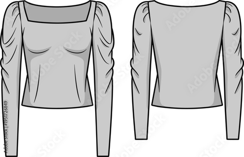 Women long sleeve blouse template with front and back views for fashion apparel design mockup, cad drawing flat vector illustration