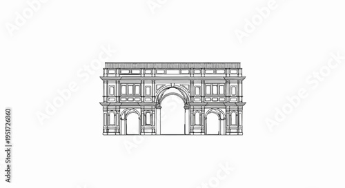 Ornate neoclassical triumphal arch with arched openings and layered windows