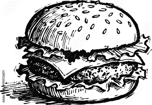 Hand drawn hamburger illustration with sesame seed bun, lettuce, cheese, and beef patty, classic fast food sketch