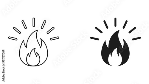 Fire Icon Set: Line Art and Solid Black Symbols for Heat, Energy, Danger, and Burning Concepts